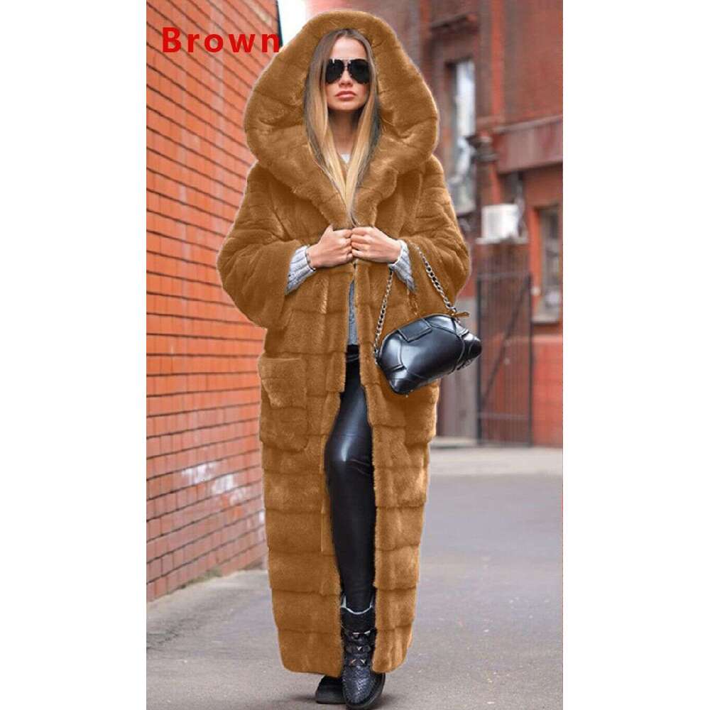 Women's clothing imitation fur hooded cotton thickened and lengthened plush women's coat windbreaker