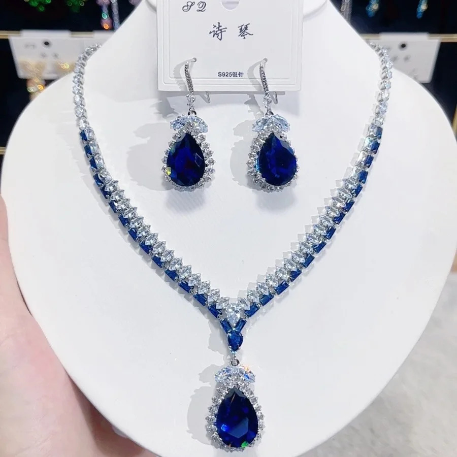 Women Fashion Trend Zircon Necklace Earrings Blue Drop Set 250815