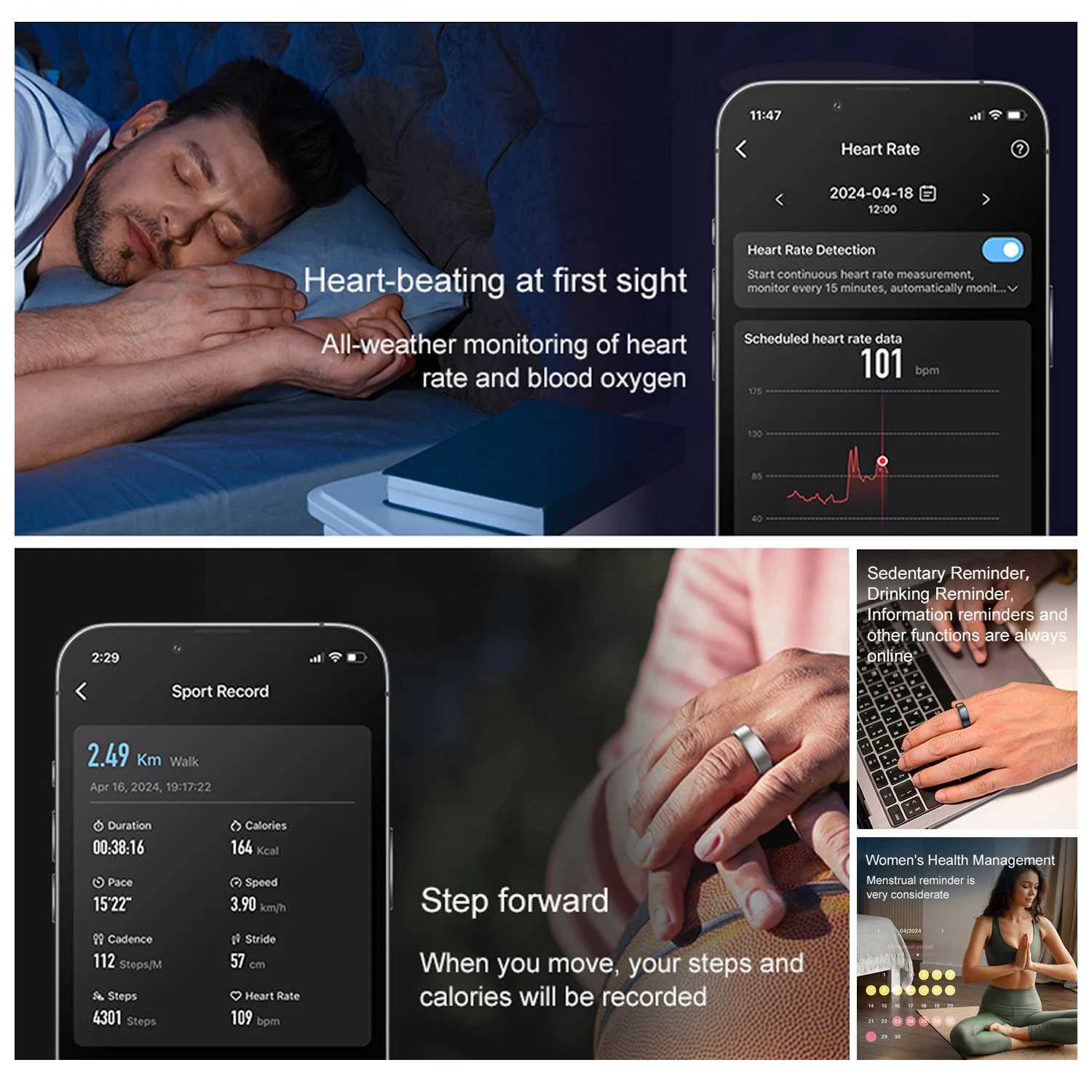 Uhoofit R10 Smart Ring with Charging Dock Men Women Health Sleep Heart Rate Monitoring IP68 5ATM Waterproof Multi-sport Mode W250819