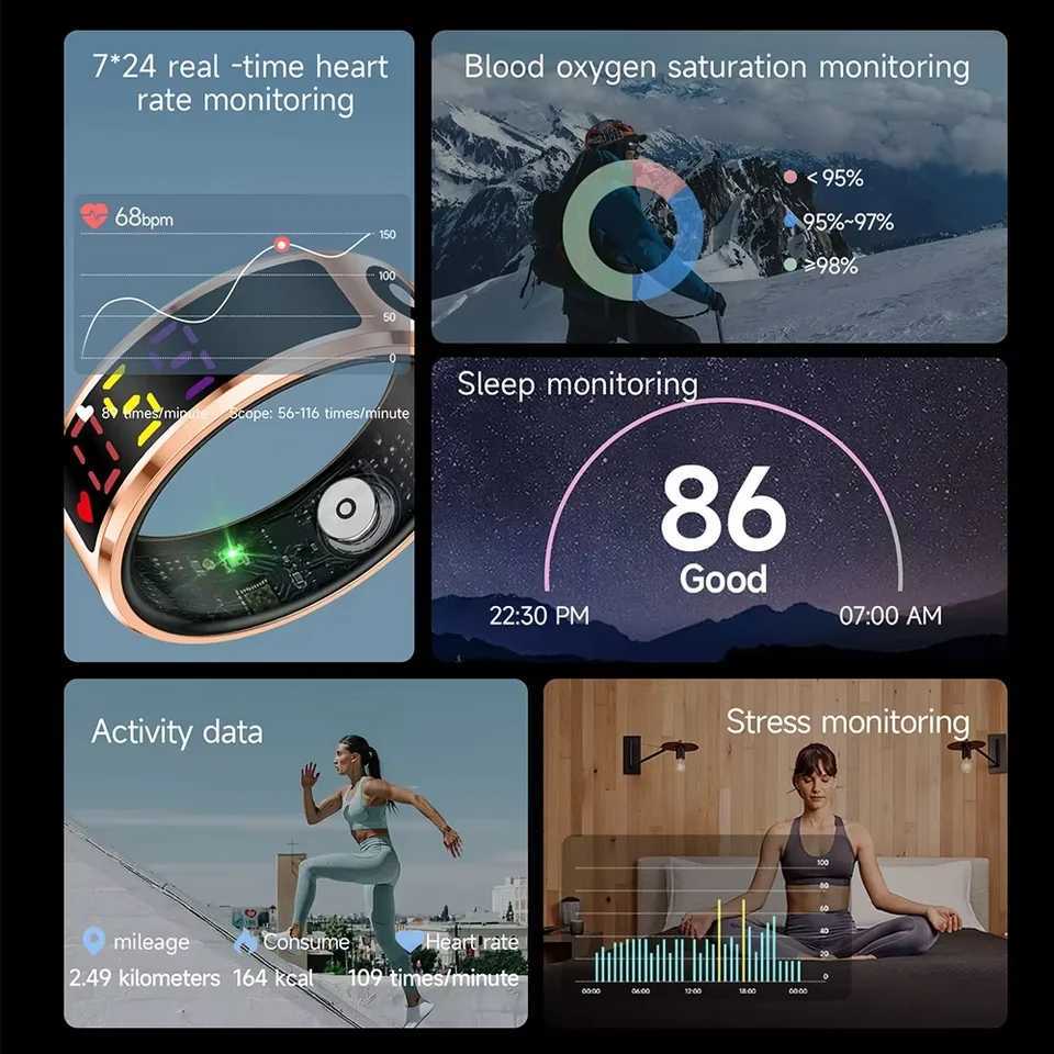 2025 Color Screen Smart Ring 5ATM Waterproof Touch Health Monitoring Long Battery Life Gesture Operated Multi-motion Mode W250819