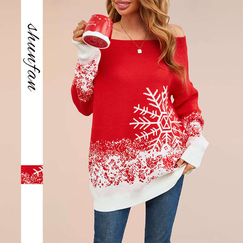 Women's Small Snowflake Sweater Autumn Winter Casual Off-Shoulder Knitted Top B5