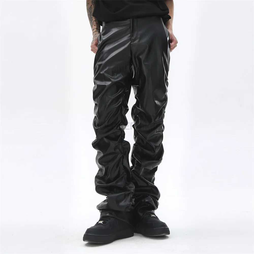 Designer Mens Pleated Pu Leather Pants High Street Trousers Y2k Hip Hop Punk Pants Casual Streetwear Grunge Clothes Black W250819