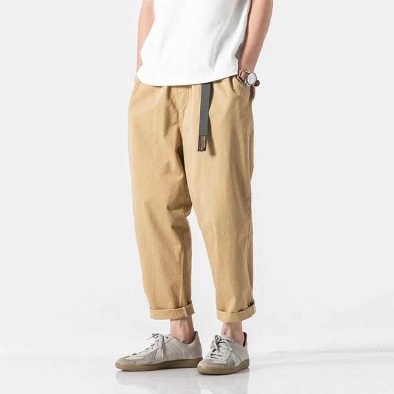 00% Cotton Casual Summer Pants With Belt Men Straight Baggy Ankle-Length Cargo Trousers Wide Leg Sweatpants Male Streetwear W250819