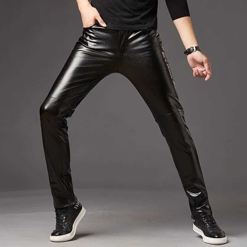 Autumn/Winter Mens Leather Pants Korean Slim Fit Feet Pants Stage Performance Mens Motorcycle Bright Silver Leather Pants W250819