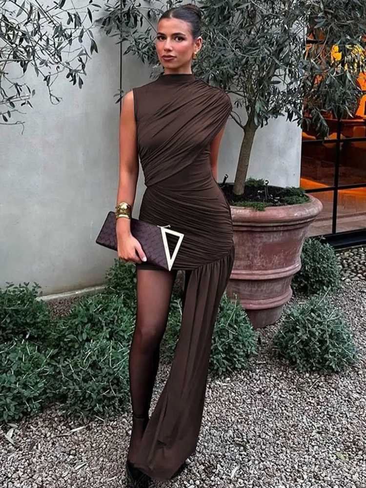 Mozision Irregular Draped Ruched Sexy Mini Dress For Women Elegant Turtleneck Sleeveless High Waist Pleated Club Party Dress M250623