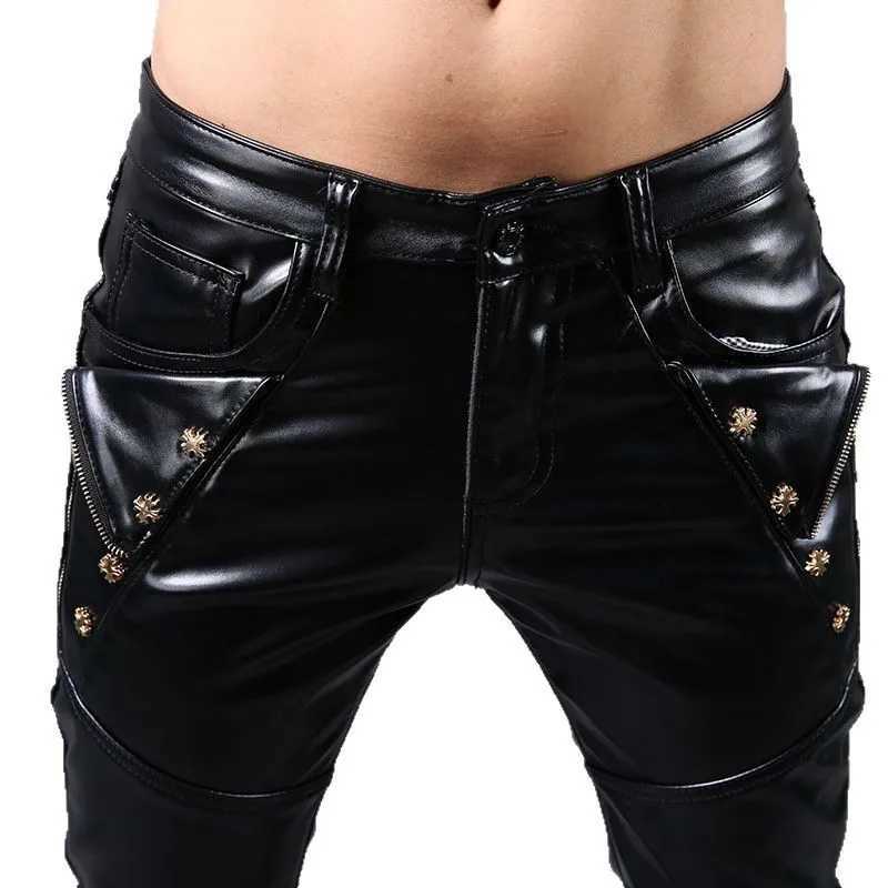 2025 Mens Slim-Fitting Small Feet Personalized Punk Locomotive PU Leather Pants W250819