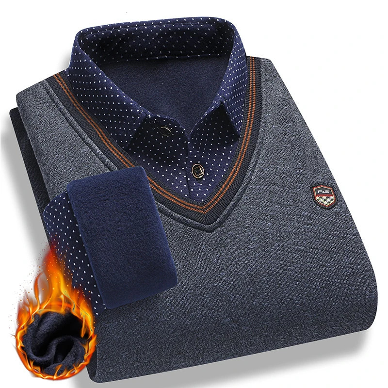Mens Plush Sweater Autumn Winter Two Piece Pullover Polo Shirt Collar Fleece Thick Warm Top Clothes Casual Jumpers 250819