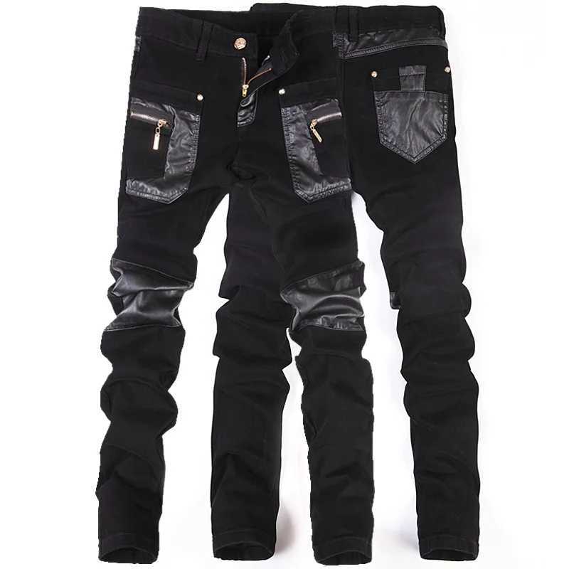 New Fashion Men Leather Pants Patchwork Casual Skinny Mens Motorcycle Jeans High Quality Mens Slim Trousers Jeans Size 28-36 W250819