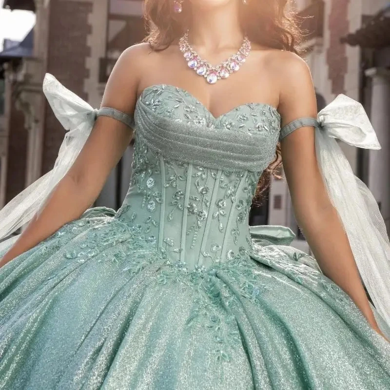 Light Green Shiny Quinceanera Dresses Off The Shoulder Sequin Applique Lace Beads Tull Ball Gown Vestidos De 15 Anos Sweet 16 Dress