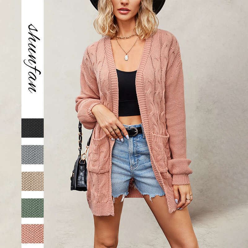 New Autumn Winter Style V-Neck Cable Knit Long Sleeve Loose Sweater Cardigan Coat B5