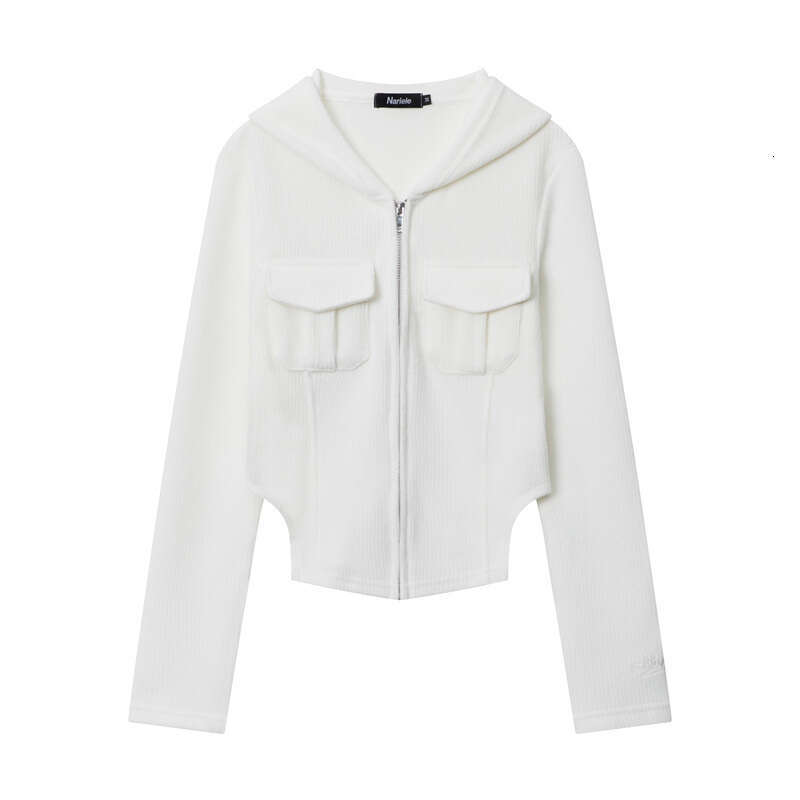 Hot Girl Pocket Decoration 25 Spring New Solid Color Zipper Hooded Slim Fit Long Sleeve T-Shirt For Women B3
