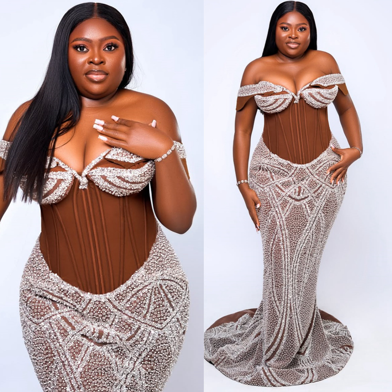 Plus Size Brown Mermaid Prom Dress 2025 Evening Dresses Robe De Sorrie Off Shoulder Beaded Lace Illusion Birthday Dress Second Reception Gowns AM2685