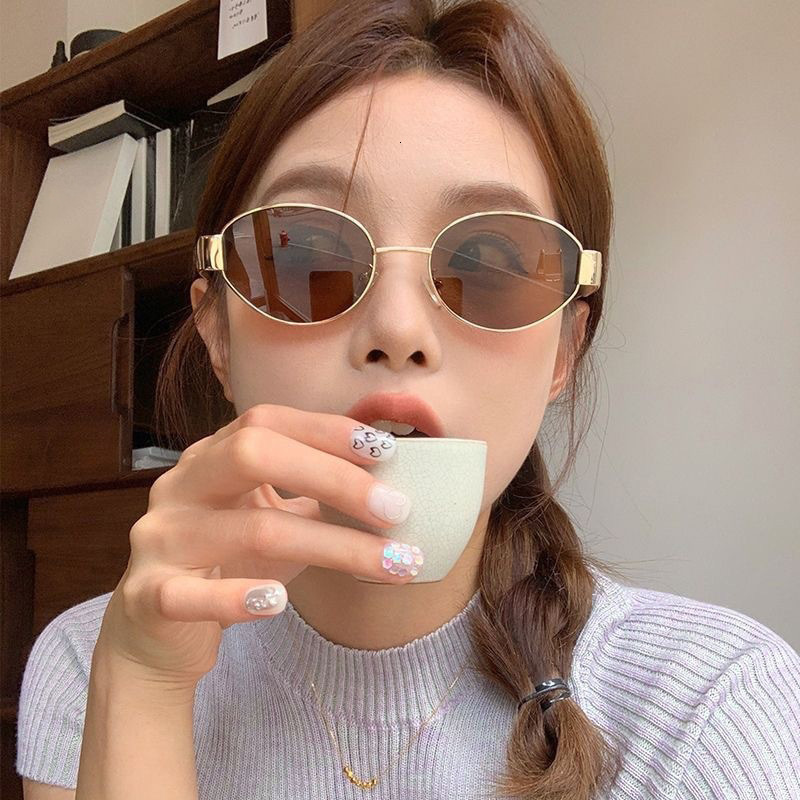 Sunglasses For Women In Summer New Style Personalized Elliptical Metal Sunglasses Ins Internet Celebrity High-end Large Frame Glasses Men