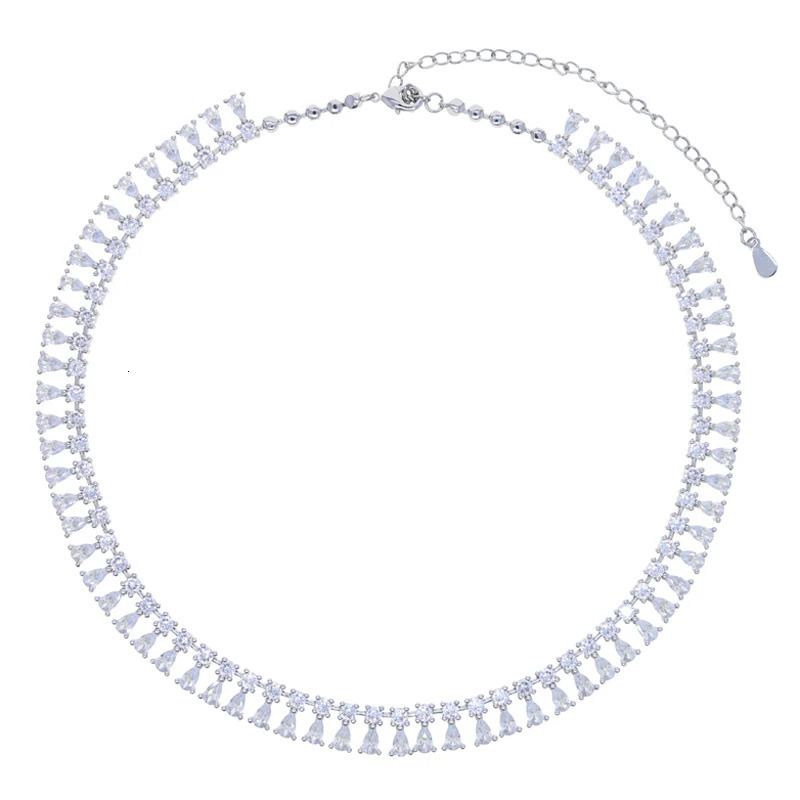 Iced Out Bling Tear Drop Necklace Silver Color Round Cubic Zirconia Cz Tennis Paved Link Chain Choker For Women Jewelry 250815