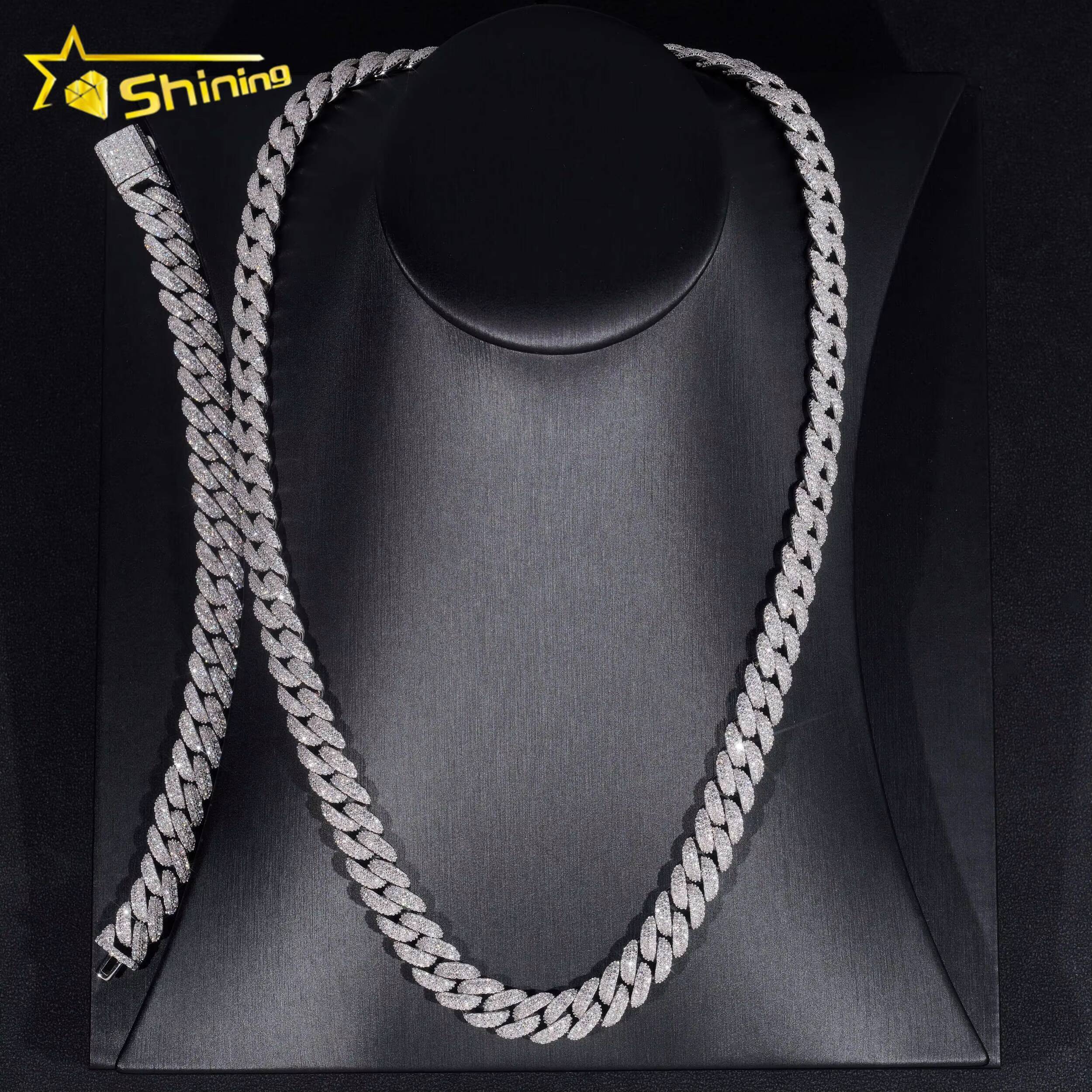 Factory Price High Quality VVS Diamond Two Row Moon Shape 925 Silver 10MM Moissanite Cuban Link Chain
