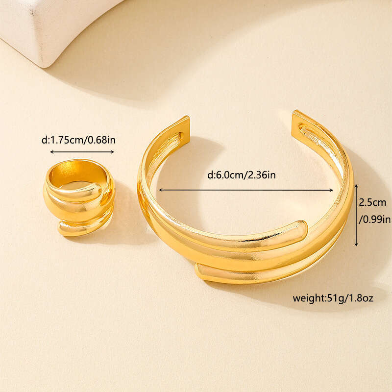 1 of Fashionable New Metal Glossy Geometric Women's Open Bracelet Ring Jewelry Set