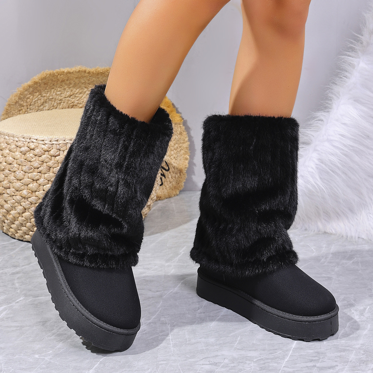 designers boots plus size women snow boot flat bottomed midsole water-resistant thick zipper cotton shoes Reinforced toe black