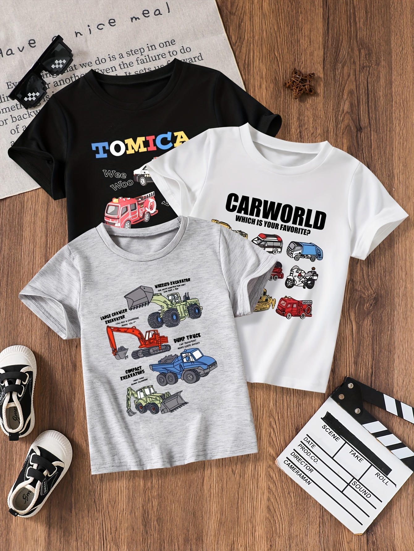 T-shirts Boys' Set of 3 Short-Sleeve Breathable Quick-Dry T-Shirts Featuring Mini Excavators
