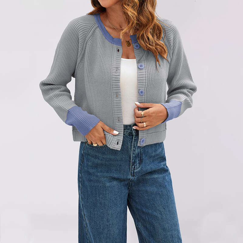 Autumn Winter New Tiktok Round Neck Color Block Fashion Button Contrast Knitted Cardigan Jacket B5