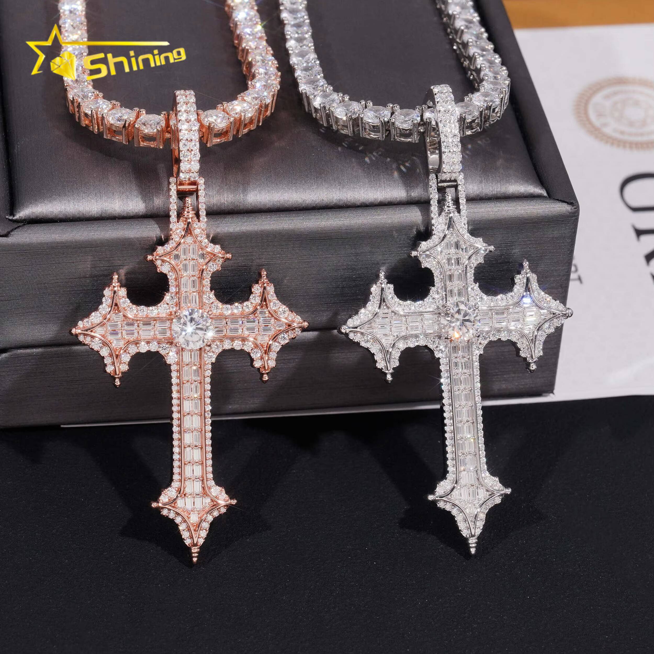 Stock Passes Diamond Tester 925 Sterling Silver Cross Pendant Necklace Hip Hop Jewelry Vvs Moissanite Mens Cross Pendant Charm