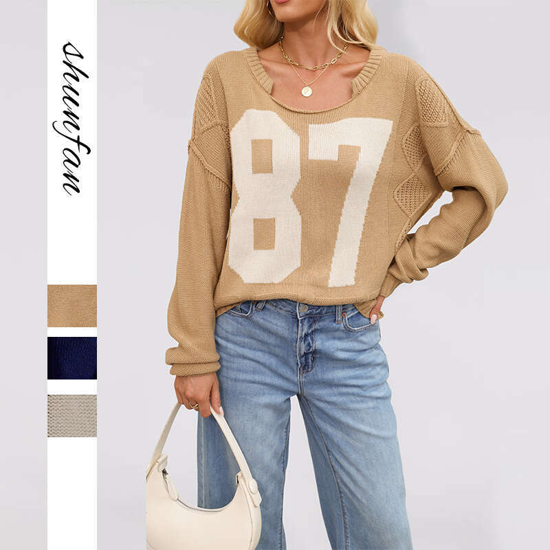 New Women's Autumn Winter Digital Color Block Knitted Pullover Loose Long Sleeve Sweater B3