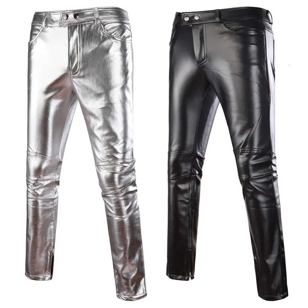 Black Casual Trouser Mens Skinny Shiny Gold Silver PU Leather Motorcycle Nightclub Stage Skinny Pants for Singers Dancers W250819
