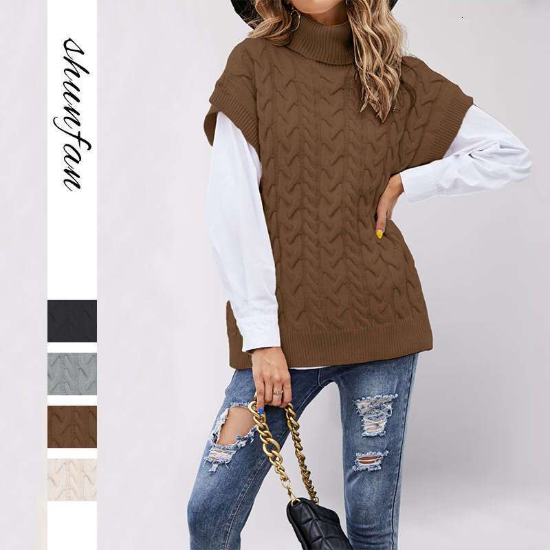 Autumn Winter Women's Sleeveless Button Rope Vest Knitted Loose Pullover High Neck Sweater B5
