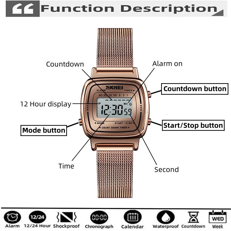 Skmei Women Bracelet Dress Watches Stainless Steel Strap Fashion Waterproof Digital Chronograph Wristwatch 250819