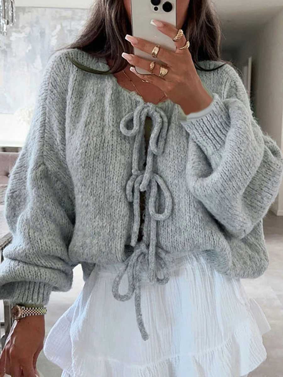 Fashion Knitted Bow Lace Up Cardigan Women Sweater Y2k Open Front Sweet Knitted Cardigan Lantern Sweater Oversized Cardigan XJ250819