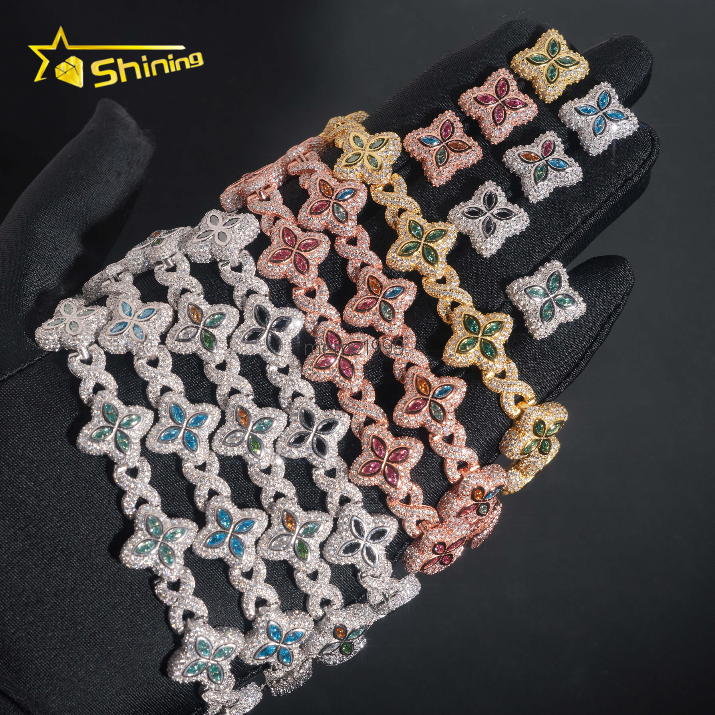 Hot Sale VVS Moissanite Iced Out 925 Silver 18K Gold Plated Colors Moissanite Flower 7 Bracelets 15mm Earrings Jewelry Sets