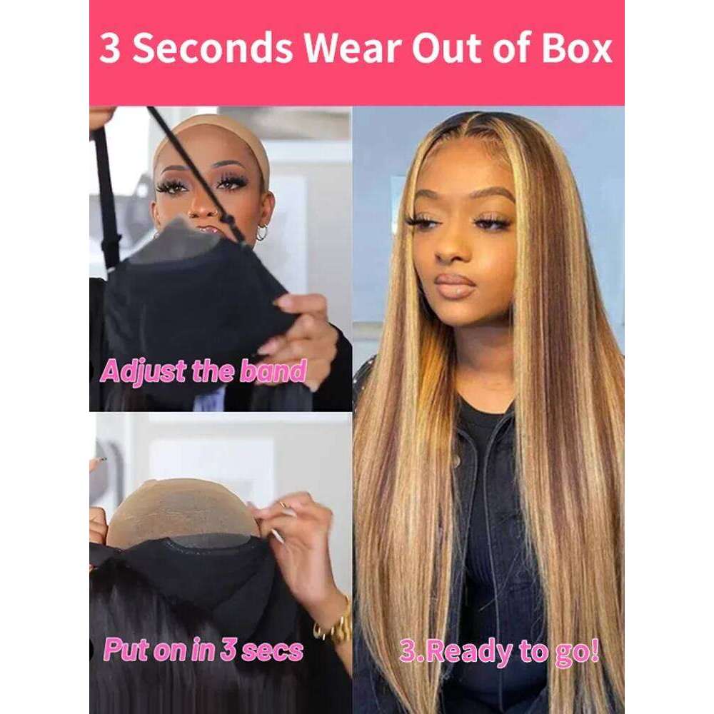 Wear Go Glueless Honey Blonde Straight Front Human Hair Colored Highlight 13X6 HD Lace Frontal Wig 30 32 34 Inch