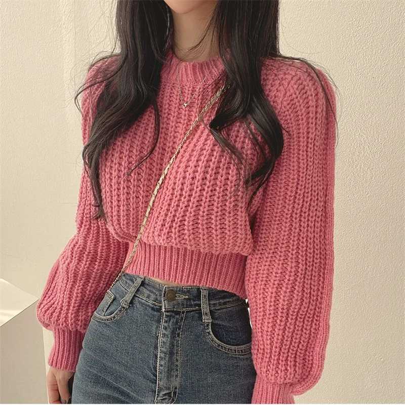 Vintage Harajuku Lantern Long Sleeve Sweaters Women Korean Autumn Winter Knitwear O Neck Crop Tops Chic Solid Femme Sweater XJ250819