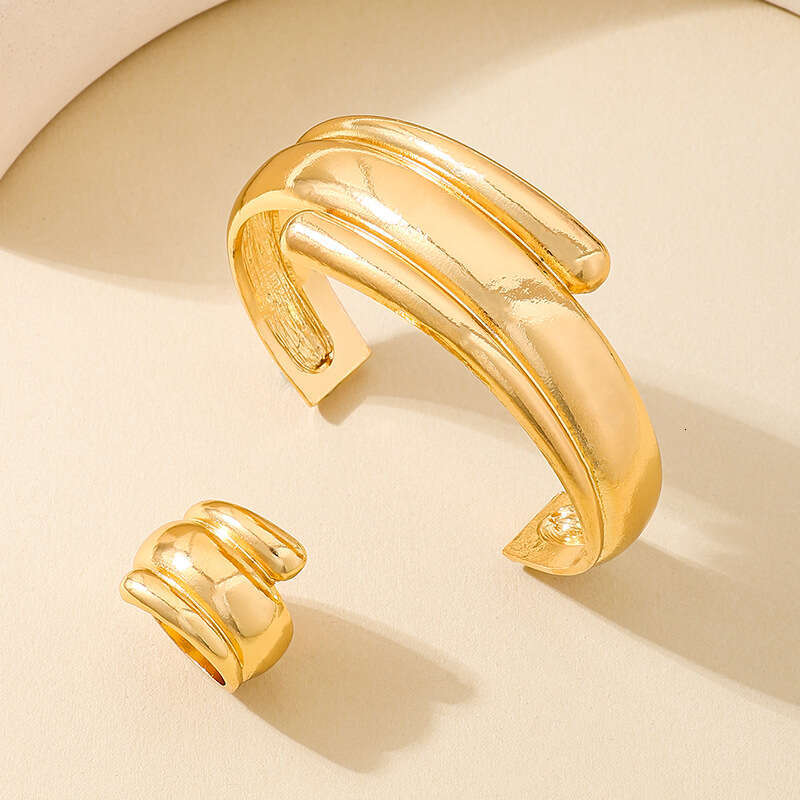 1 of Fashionable New Metal Glossy Geometric Women's Open Bracelet Ring Jewelry Set