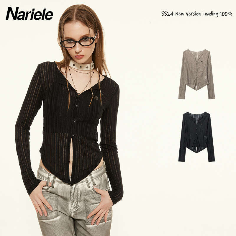 Pure Desire Style V-Neck Ribbed Long Sleeve Knitted Cardigan For Women Spring Thin Slim Fit T-Shirt Trendy B3