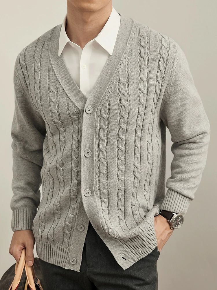 Mens Cable Knit Sweater Korean Autumn Winter Casual Cardigan VNeck Solid Color Outwear Coat Fashion Streetwear 250819