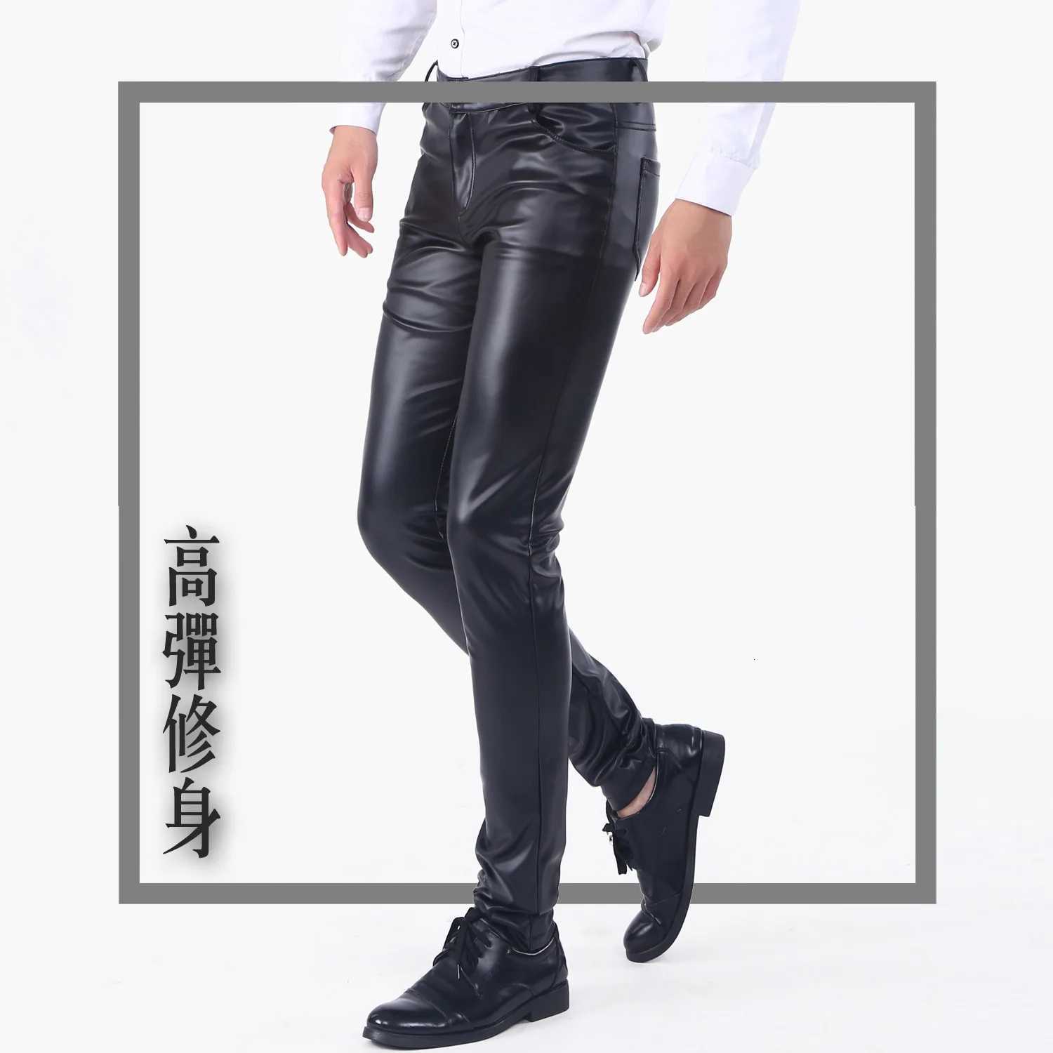 Leather Pants Men Ankle Length Pant Pencil Pants Zipper Fly Flat Skinny Slim Solid Mid Waist Pockets Spliced Moto Biker W250819