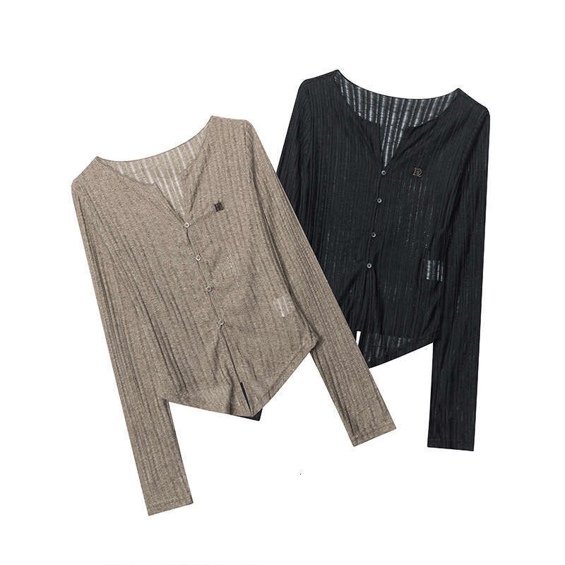 Pure Desire Style V-Neck Ribbed Long Sleeve Knitted Cardigan For Women Spring Thin Slim Fit T-Shirt Trendy B3