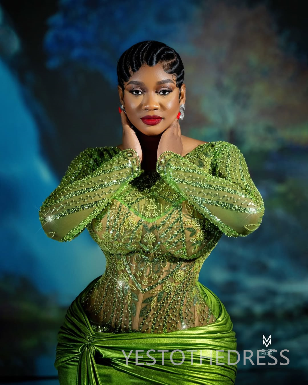 Plus Size Green Prom Dress 2025 Evening Dresses Robe De Sorrie Sheer Neck Long Sleeves Beaded Lace Pearls Birthday Dress Second Reception Gowns AM2689