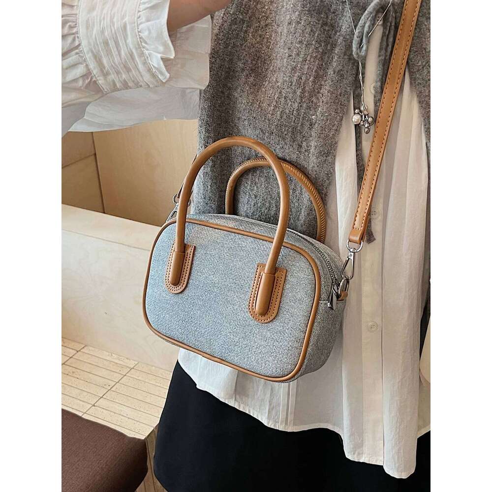 Designer PU Canvas Patchwork Women's Handbag Casual Crossbody Bag Pillow Bowling Boston Tote