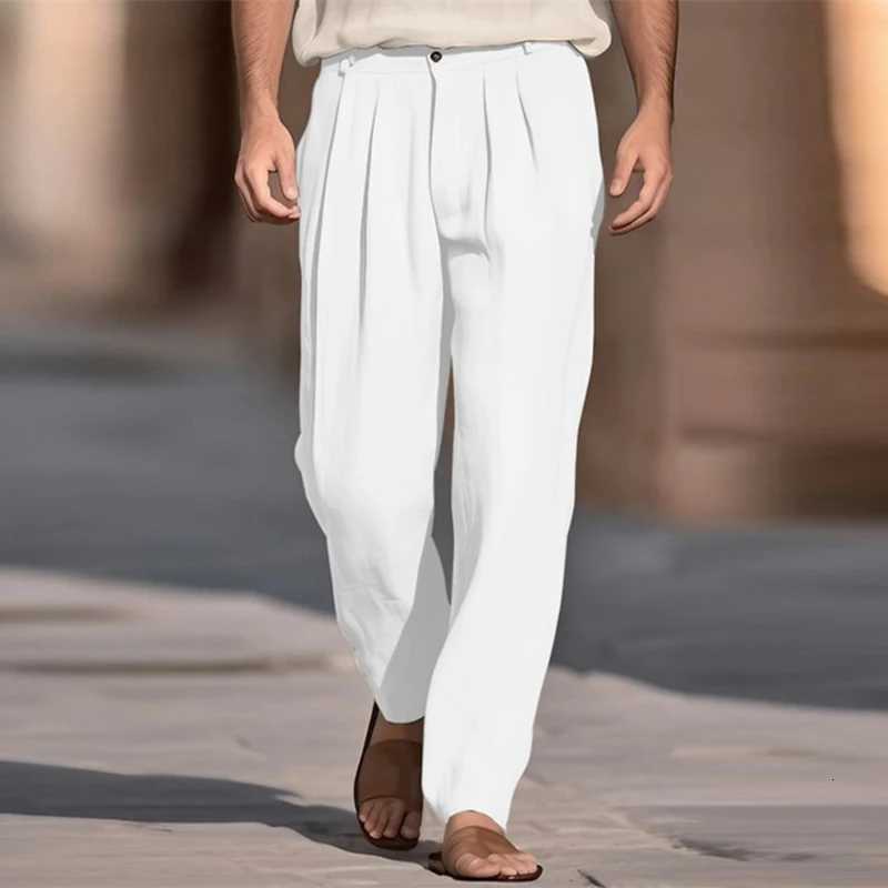 Casual Breathable Solid Color Linen Trousers Men Spring Summer Daily Leisure Loose Straight Pants For Men Fashion Pleated Pants W250819