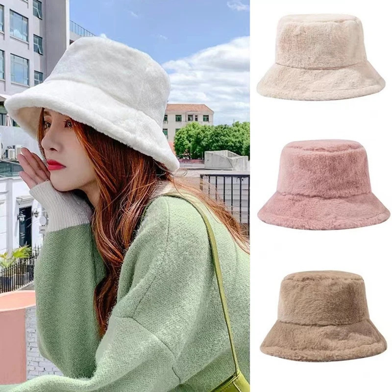 Soft Winter Plush Warm Bucket Hat For Women Girl Solid Color Fordable Wide Brim Panama Cap Outdoor Windproof Tour Basin Hats 250819