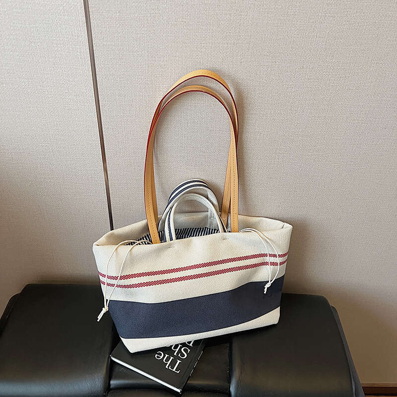 Contrast Color Striped Canvas Bags Tote Bag Women 2025 Summer Large Capacity Casual Vacation Style Designer Shoulder Handbag