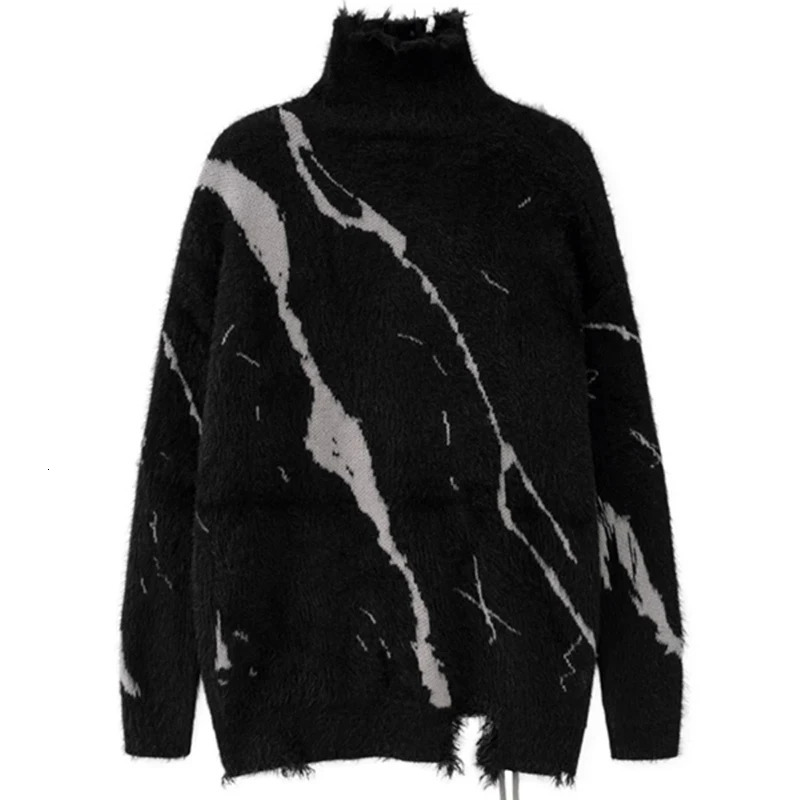 Dark Turtleneck Sweater Mens INS Winter Clothes Splice Color Tassel Weaving Couples Wool Oversize Knitwear Y2k Loose Knit 250819