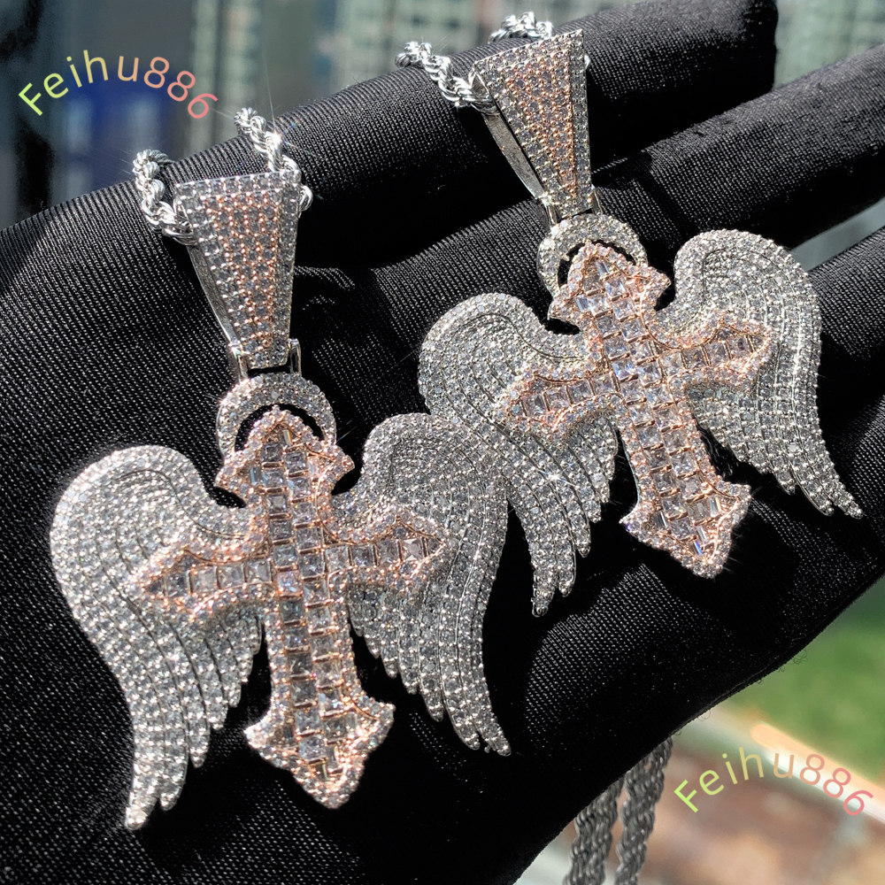 Fashion Angels Demons Iced Out Cross Micro Moissanite Paved Wing Necklace High Quality Men Women Hip Hop Jewelry Pendant