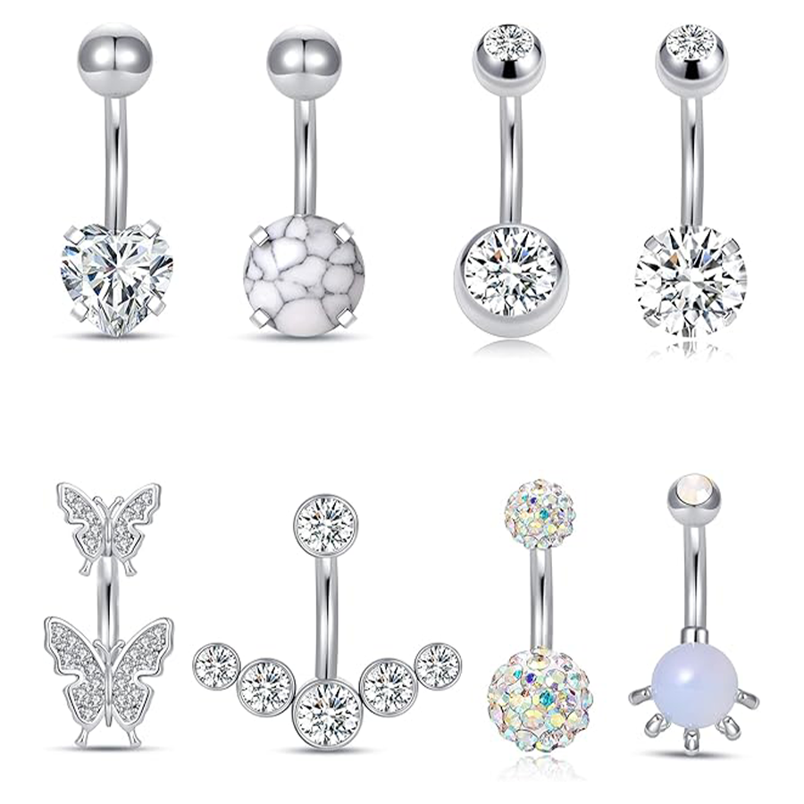 8PCS Short Bar Heart Butterfly Snake Skull CZ with Gem ball Stainless Steel Belly Button Rings Navel Rings for Women Barbell Eyebrow Body Piercing Jew