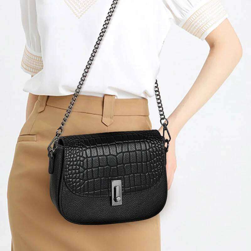Aidrani Black Crossbody Bag Metal Lock Accent Chain Strap Chic