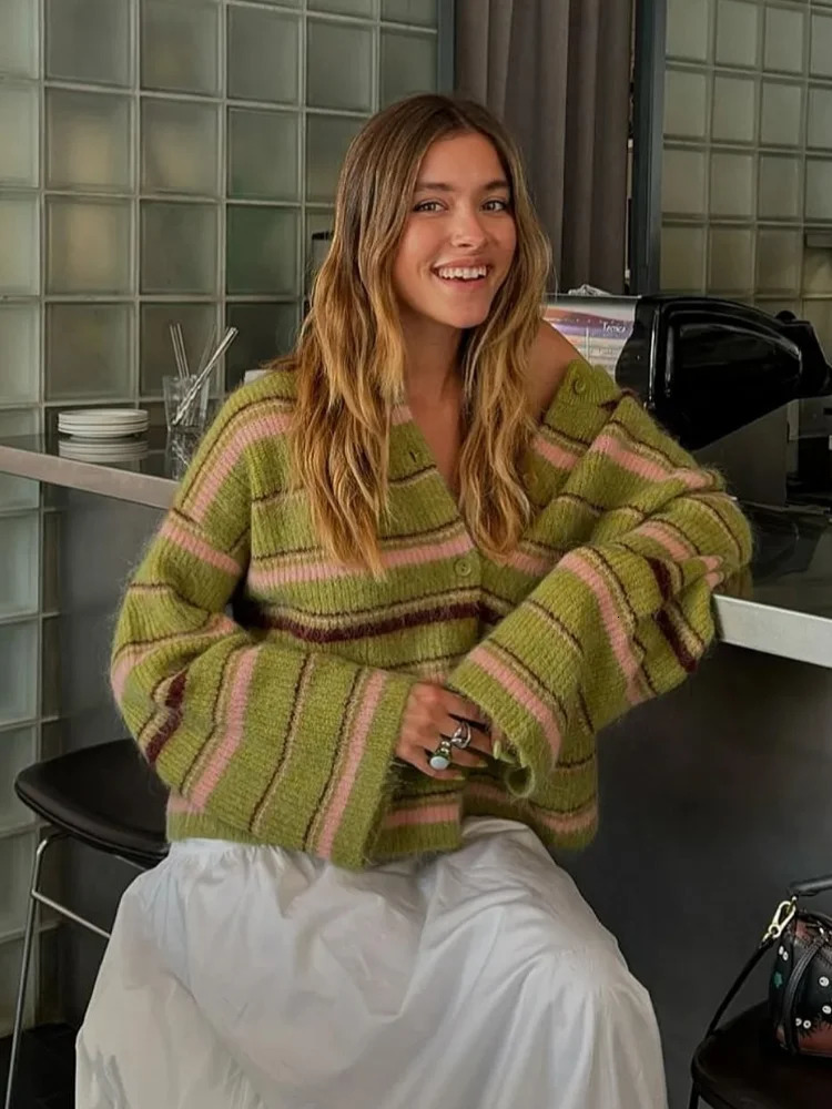 Elegant Stripe V Neck Women Sweater Single Breasted Loose Knitted Lady Cardigan Autumn Full Sleeve Female Coat 250819