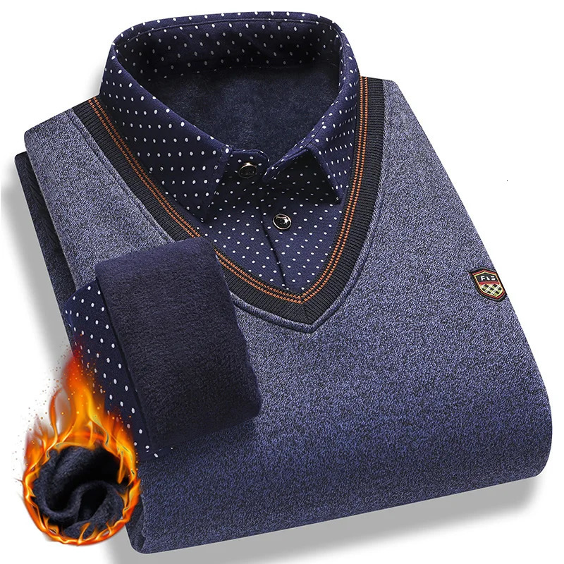 Mens Plush Sweater Autumn Winter Two Piece Pullover Polo Shirt Collar Fleece Thick Warm Top Clothes Casual Jumpers 250819
