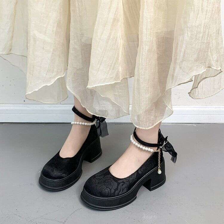 Chunky Heel Single for Women 2025 Spring New Pearl Bridesmaid Designer Shoes White High Heels Shoe Mary Jane Small Leather Comfortable