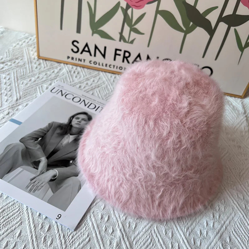 Rabbit hair fisherman hat for women Autumn-winter basin hat head round plush senior sense face small white bucket hat for women 250819